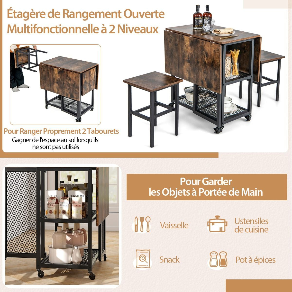 Ensemble De Table À Manger Pliante 3 Pièces Avec 2 Tabourets Avec Roulettes Verrouillables 2 Étagères De Rangement En Treillis Pour Bureau