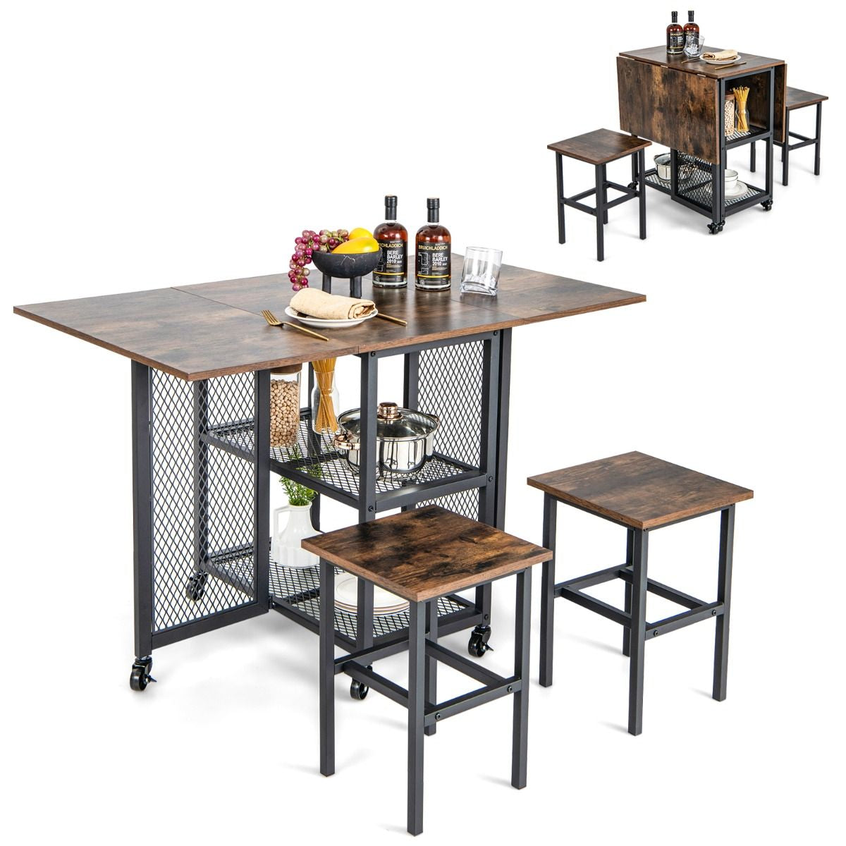 Ensemble De Table À Manger Pliante 3 Pièces Avec 2 Tabourets Avec Roulettes Verrouillables 2 Étagères De Rangement En Treillis Pour Bureau