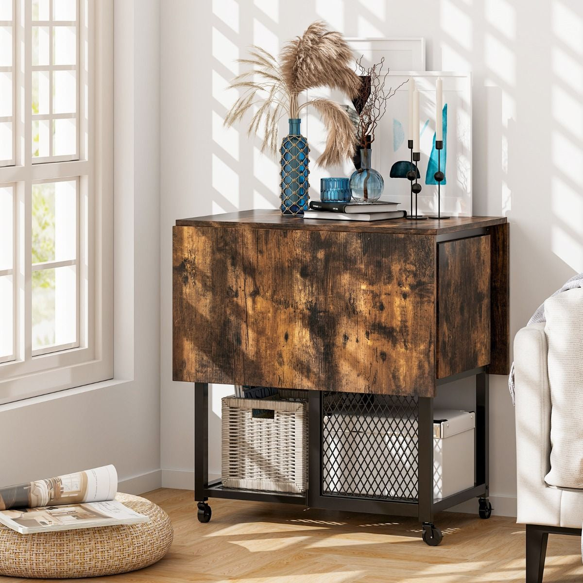 Ensemble De Table À Manger Pliante 3 Pièces Avec 2 Tabourets Avec Roulettes Verrouillables 2 Étagères De Rangement En Treillis Pour Bureau