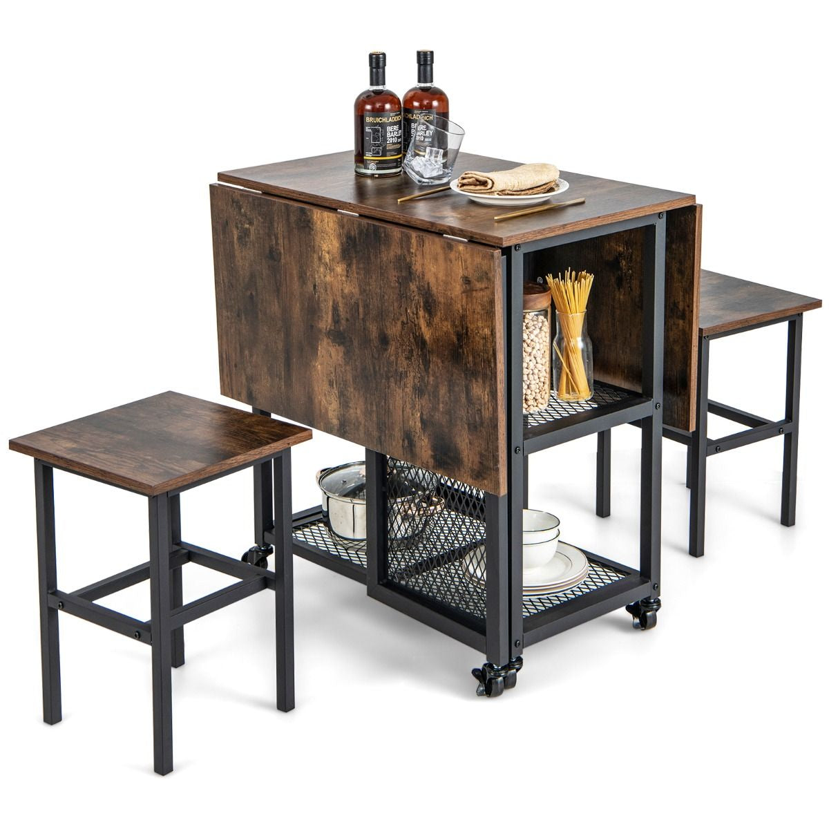 Ensemble De Table À Manger Pliante 3 Pièces Avec 2 Tabourets Avec Roulettes Verrouillables 2 Étagères De Rangement En Treillis Pour Bureau
