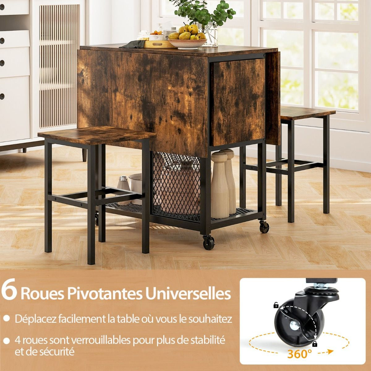 Ensemble De Table À Manger Pliante 3 Pièces Avec 2 Tabourets Avec Roulettes Verrouillables 2 Étagères De Rangement En Treillis Pour Bureau