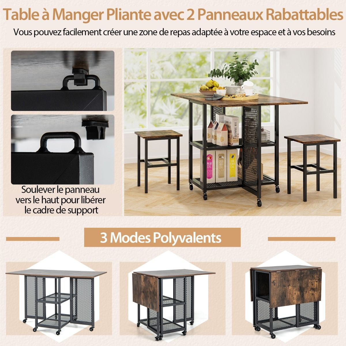 Ensemble De Table À Manger Pliante 3 Pièces Avec 2 Tabourets Avec Roulettes Verrouillables 2 Étagères De Rangement En Treillis Pour Bureau