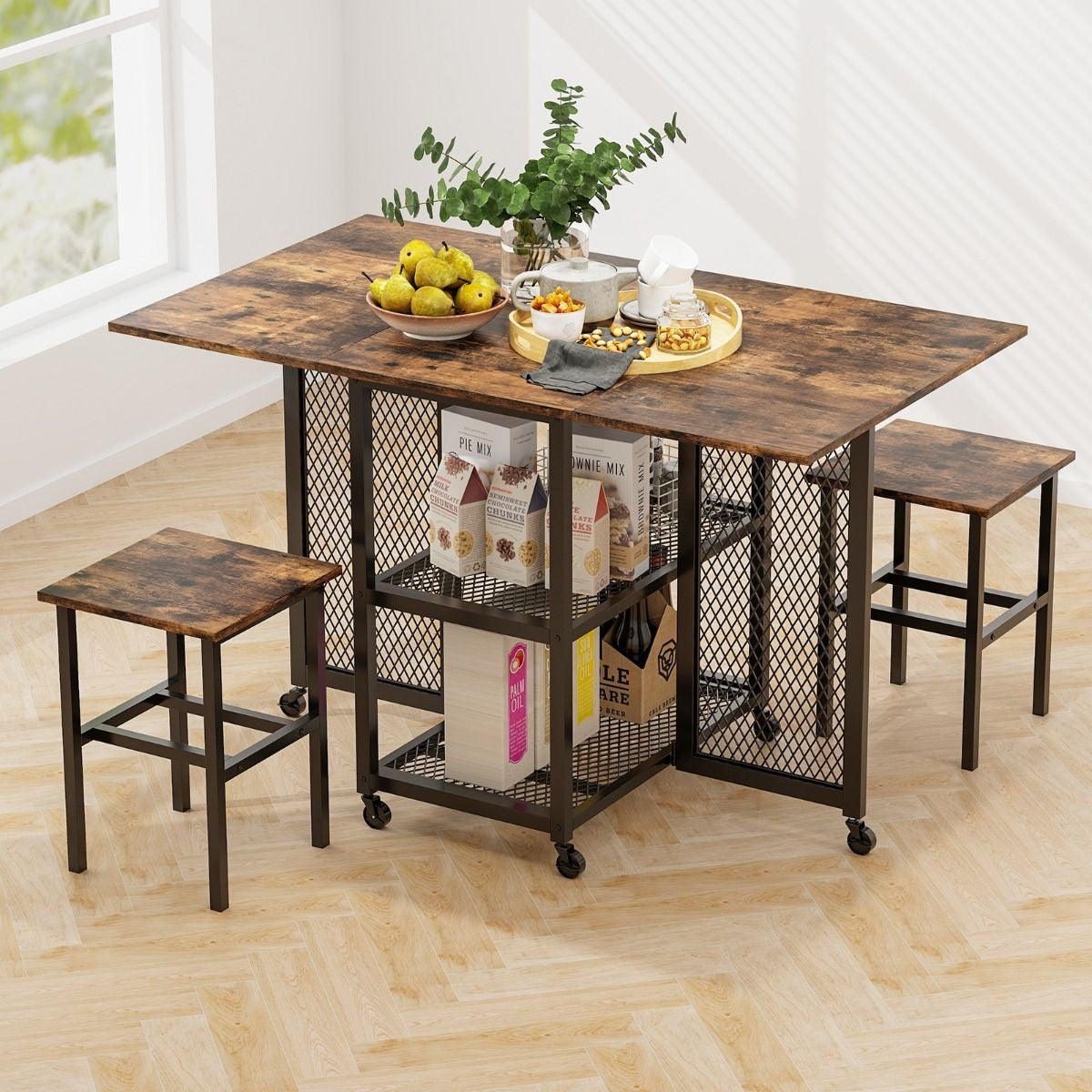 Ensemble De Table À Manger Pliante 3 Pièces Avec 2 Tabourets Avec Roulettes Verrouillables 2 Étagères De Rangement En Treillis Pour Bureau