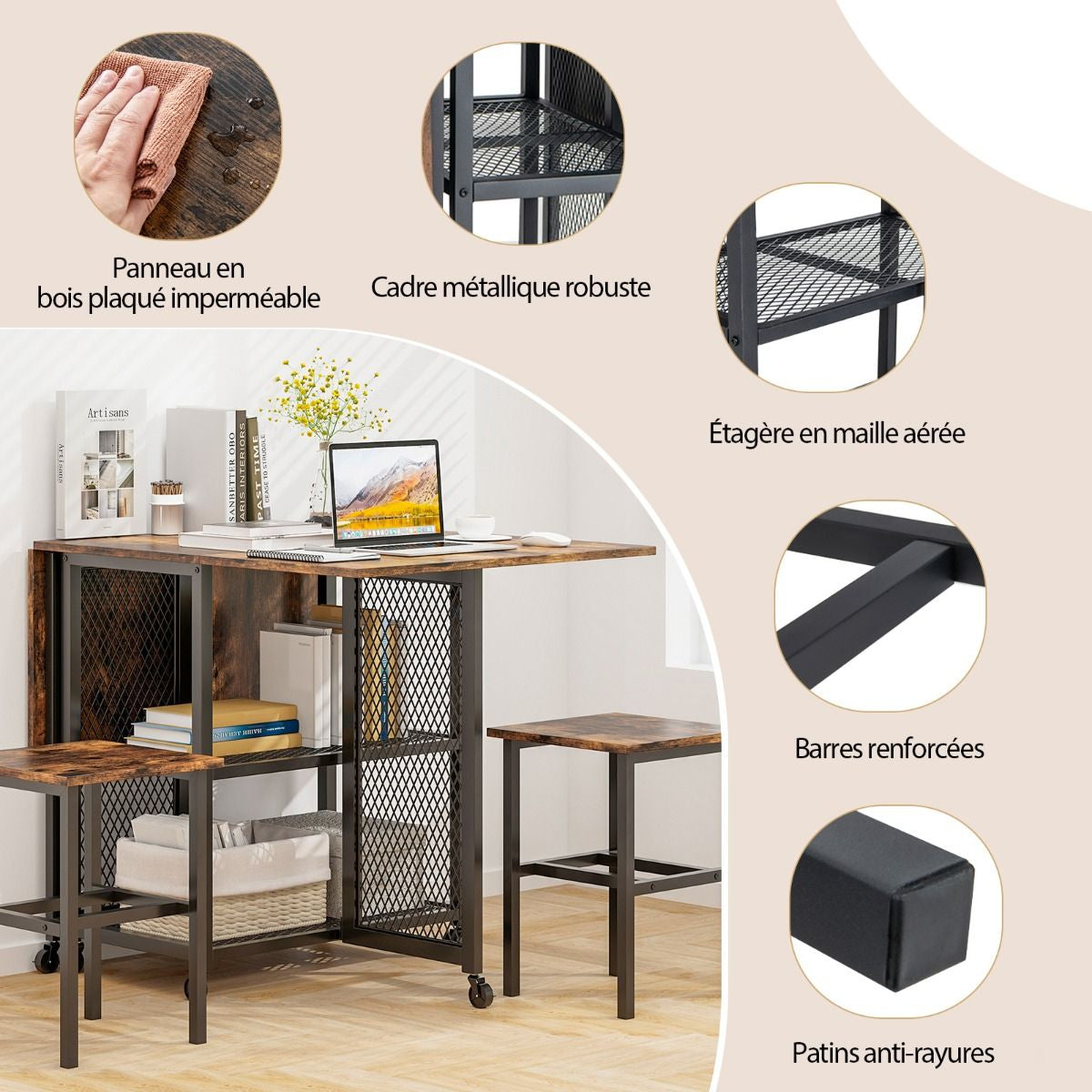Ensemble De Table À Manger Pliante 3 Pièces Avec 2 Tabourets Avec Roulettes Verrouillables 2 Étagères De Rangement En Treillis Pour Bureau