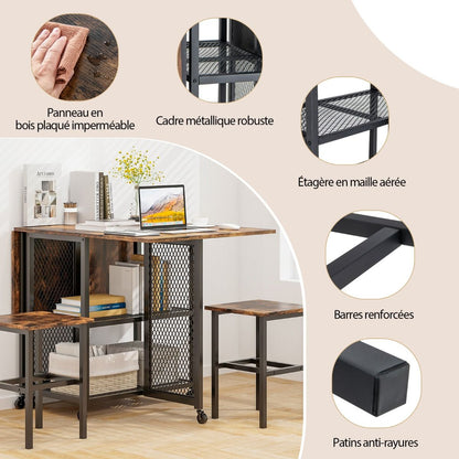 Ensemble De Table À Manger Pliante 3 Pièces Avec 2 Tabourets Avec Roulettes Verrouillables 2 Étagères De Rangement En Treillis Pour Bureau
